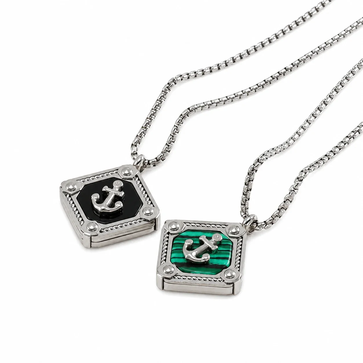 Nautical Stainless Steel Box Chain Anchor Square Pendant Necklace