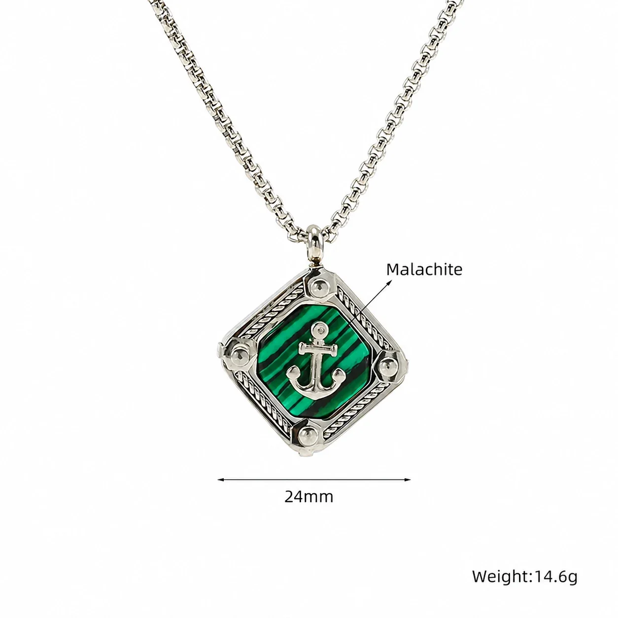Nautical Stainless Steel Box Chain Anchor Square Pendant Necklace - Silver / Green
