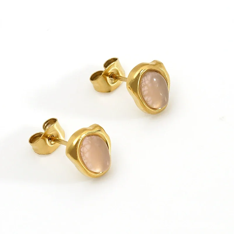 Sculpted 316 Stainless Oval Pink Stone Stud Earrings