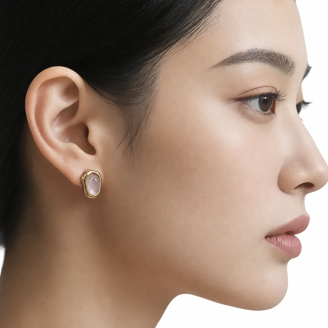 Sculpted 316 Stainless Oval Pink Stone Stud Earrings
