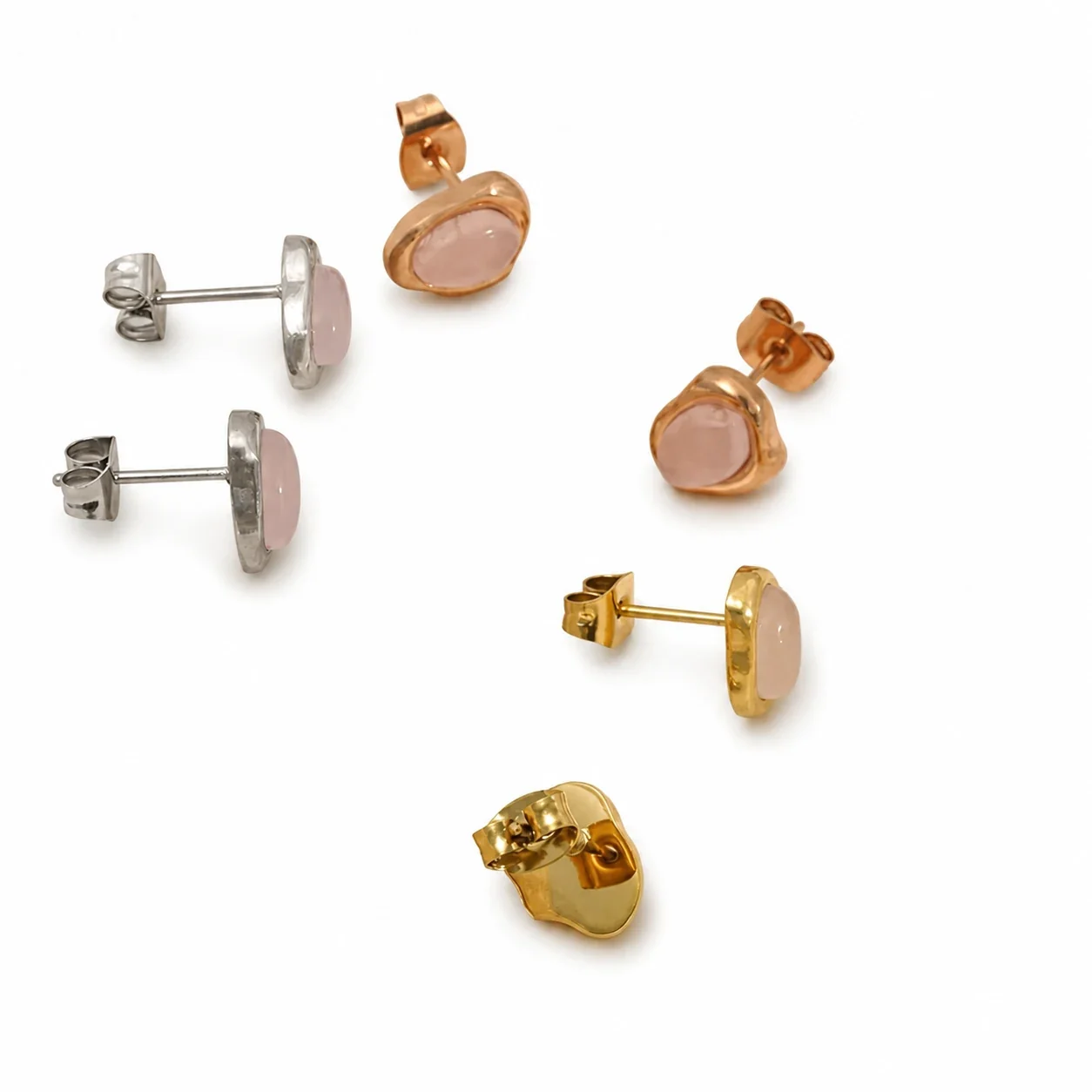 Sculpted 316 Stainless Oval Pink Stone Stud Earrings