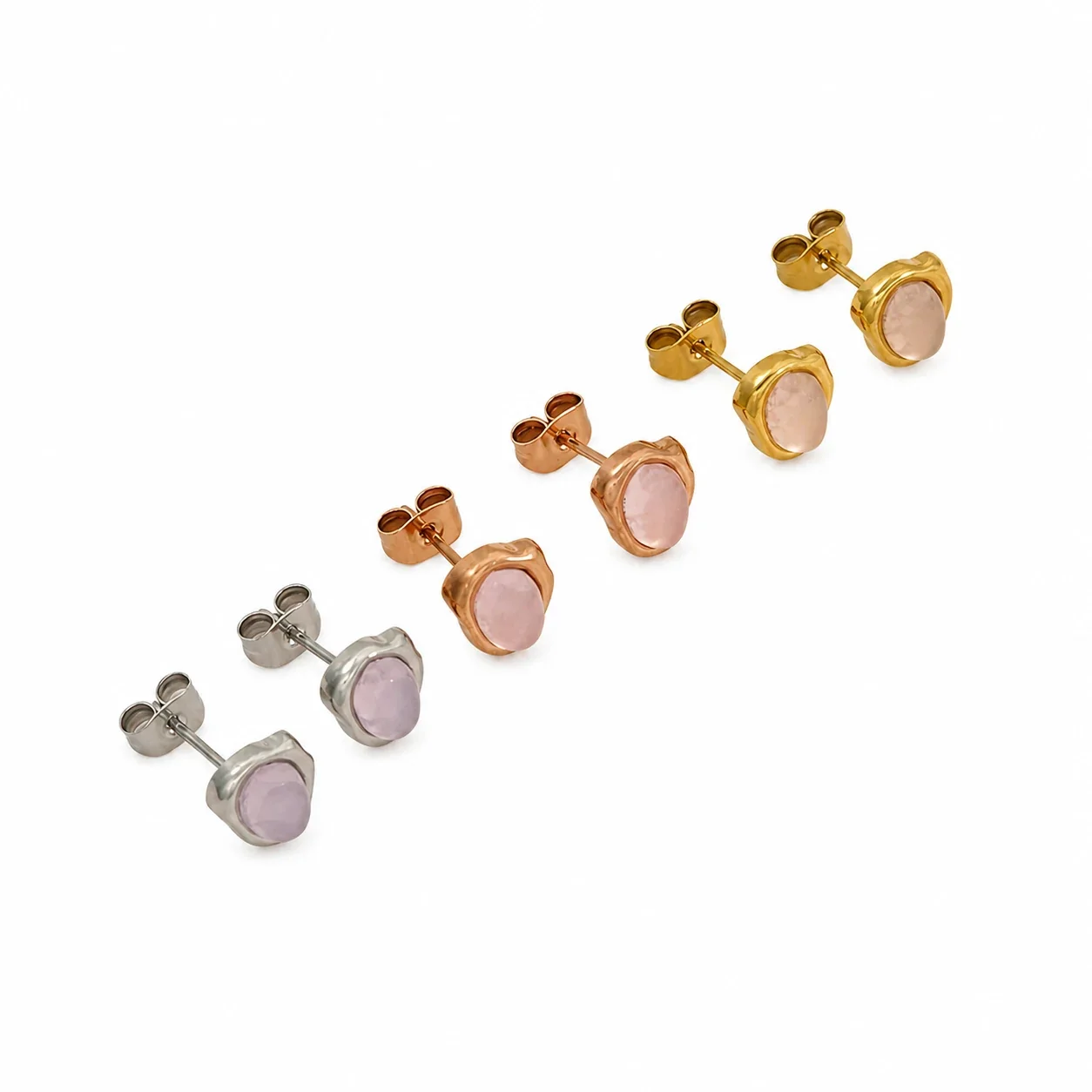 Sculpted 316 Stainless Oval Pink Stone Stud Earrings