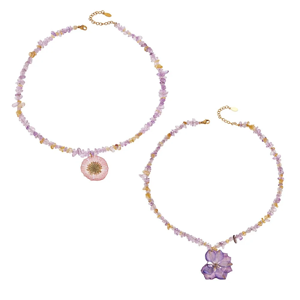 Botanical Stainless Steel Chip-Bead Flower PVD Necklace