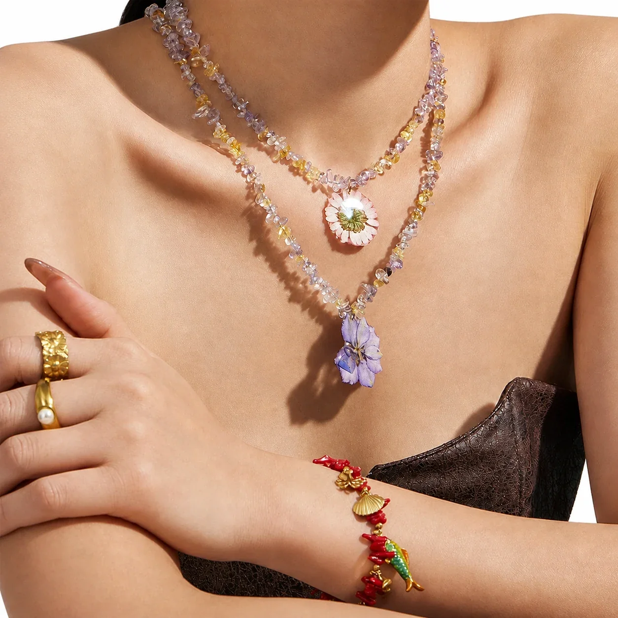 Botanical Stainless Steel Chip-Bead Flower Necklace