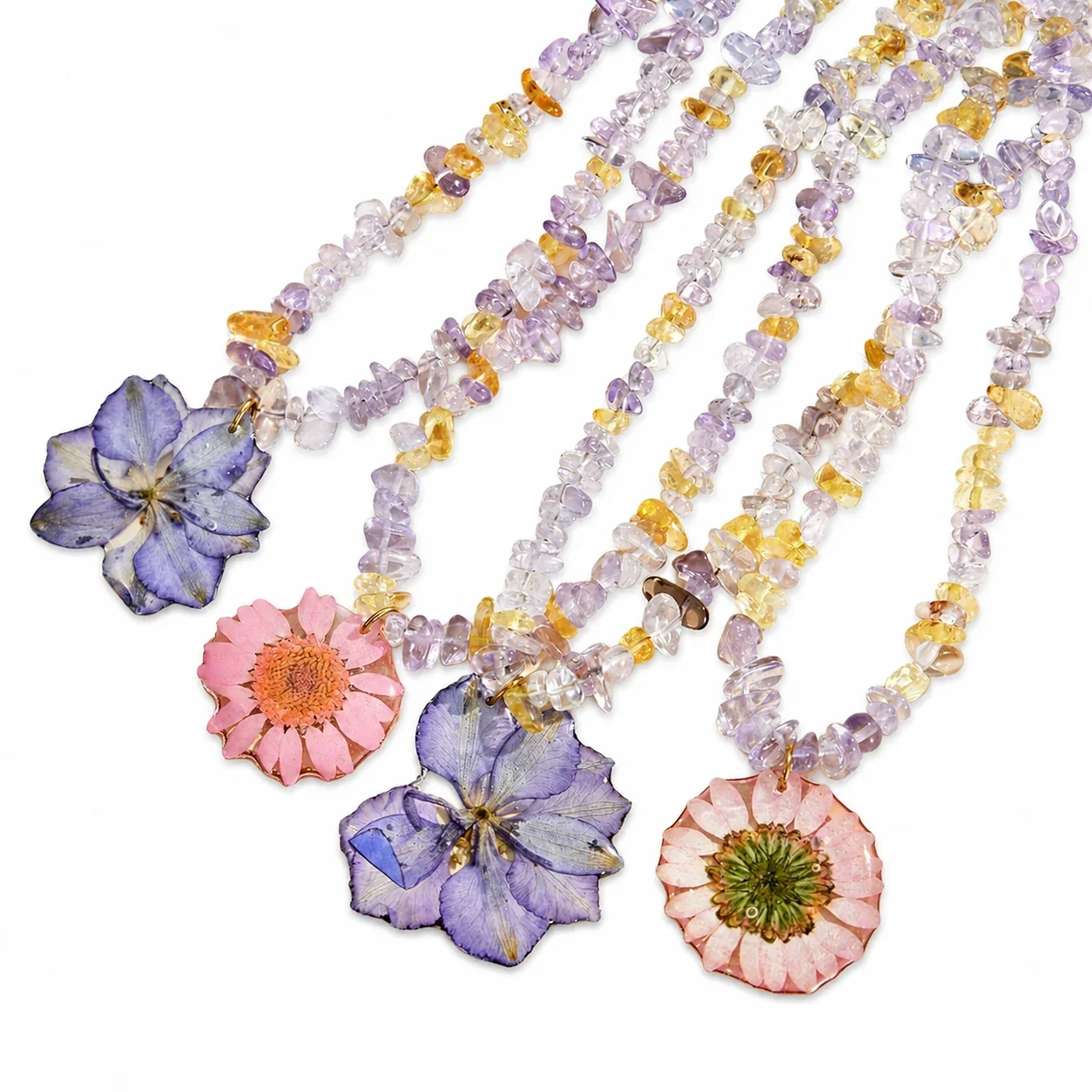 Botanical Stainless Steel Chip-Bead Flower Necklace