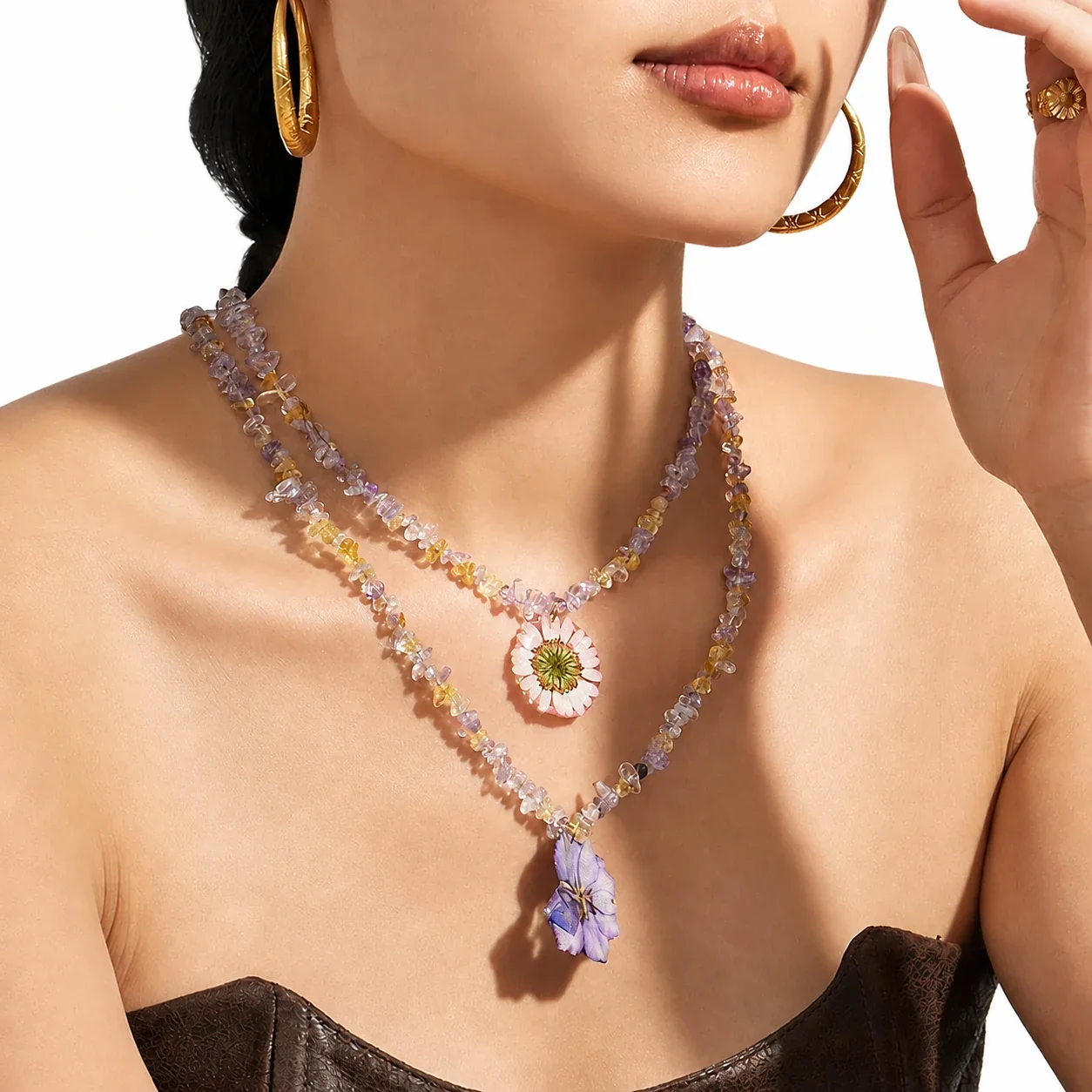 Botanical Stainless Steel Chip-Bead Flower Necklace