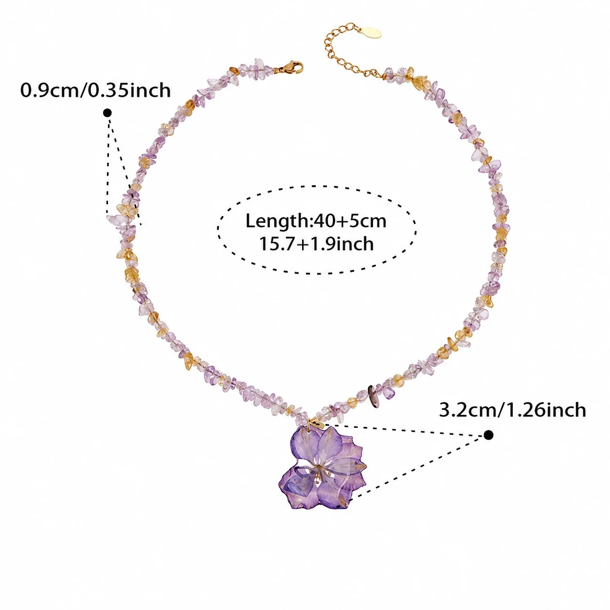 Botanical Stainless Steel Chip-Bead Flower Necklace - Purple Resin Flower Crystal 40 + 5 cm