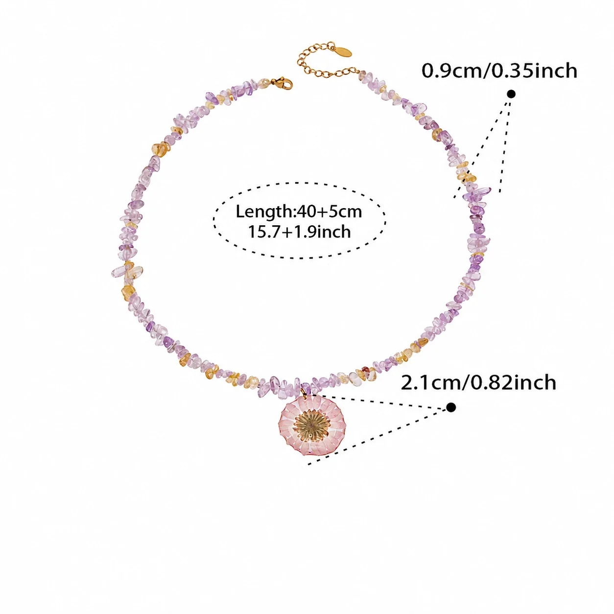 Botanical Stainless Steel Chip-Bead Flower Necklace - Pink Resin Flower Crystal 40 + 5 cm