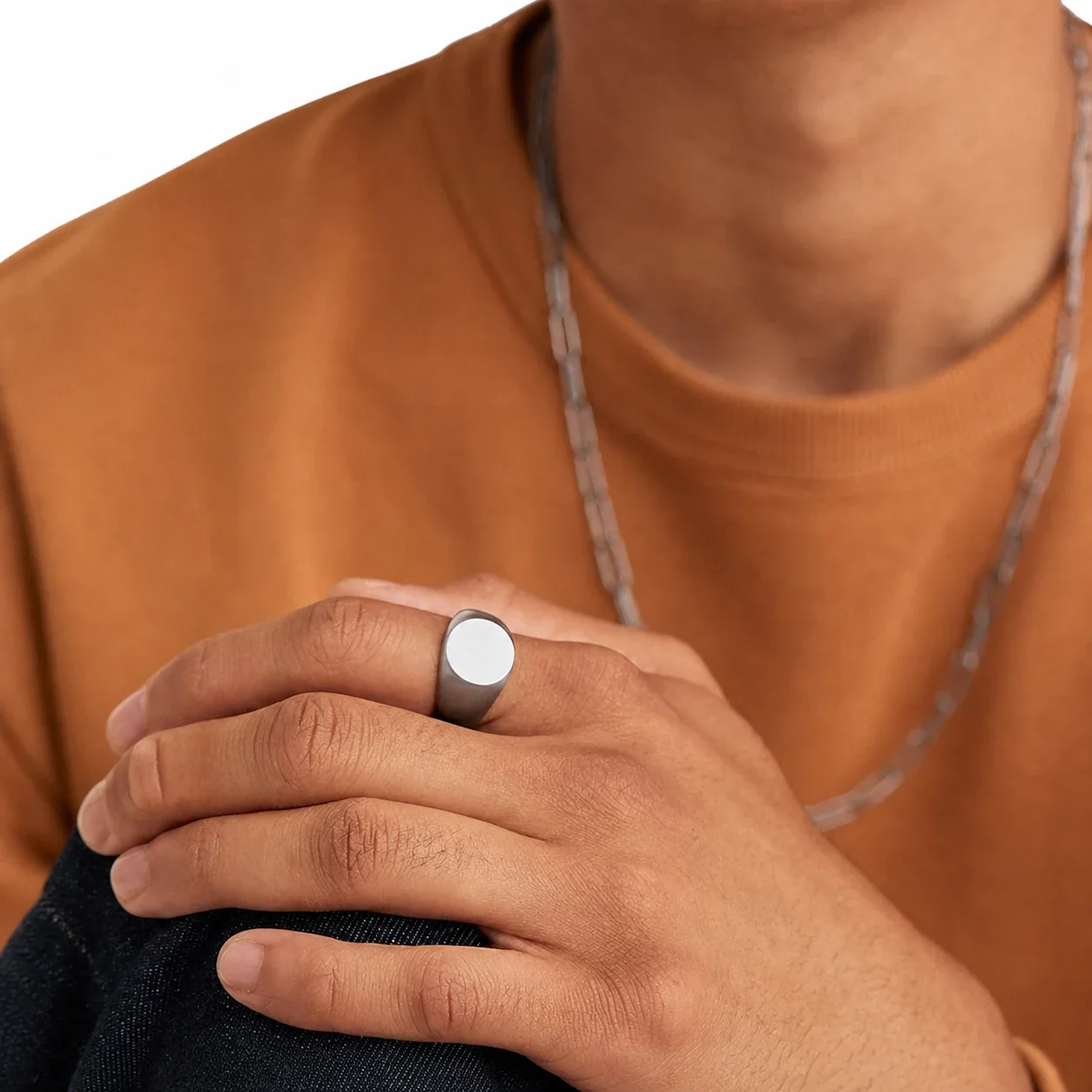 Polished Stainless Steel Round Disc Tapered Signet Ring