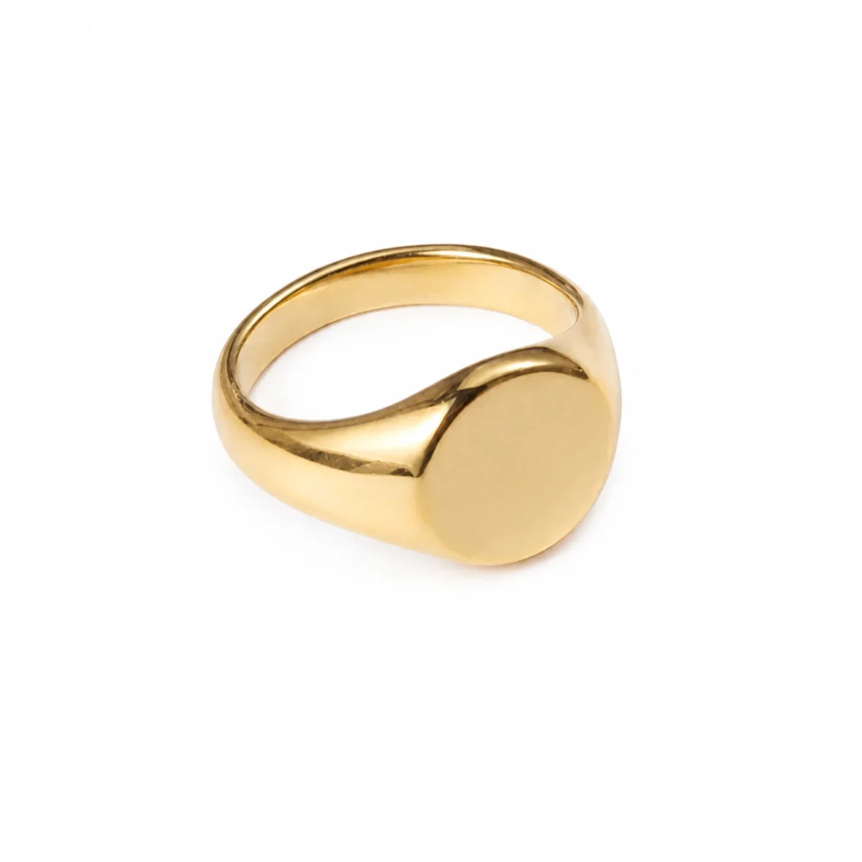Polished Stainless Steel Round Disc Tapered Signet Ring - Gold