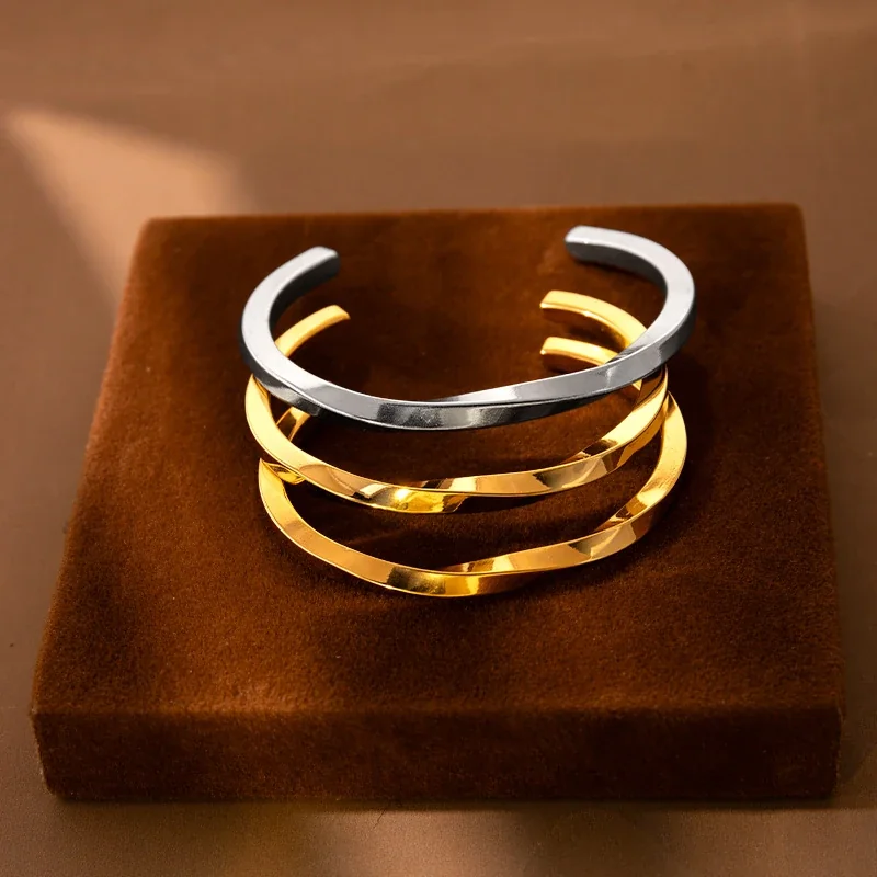 Open Twist Cuff Bracelet in Stainless Steel with Gold PVD