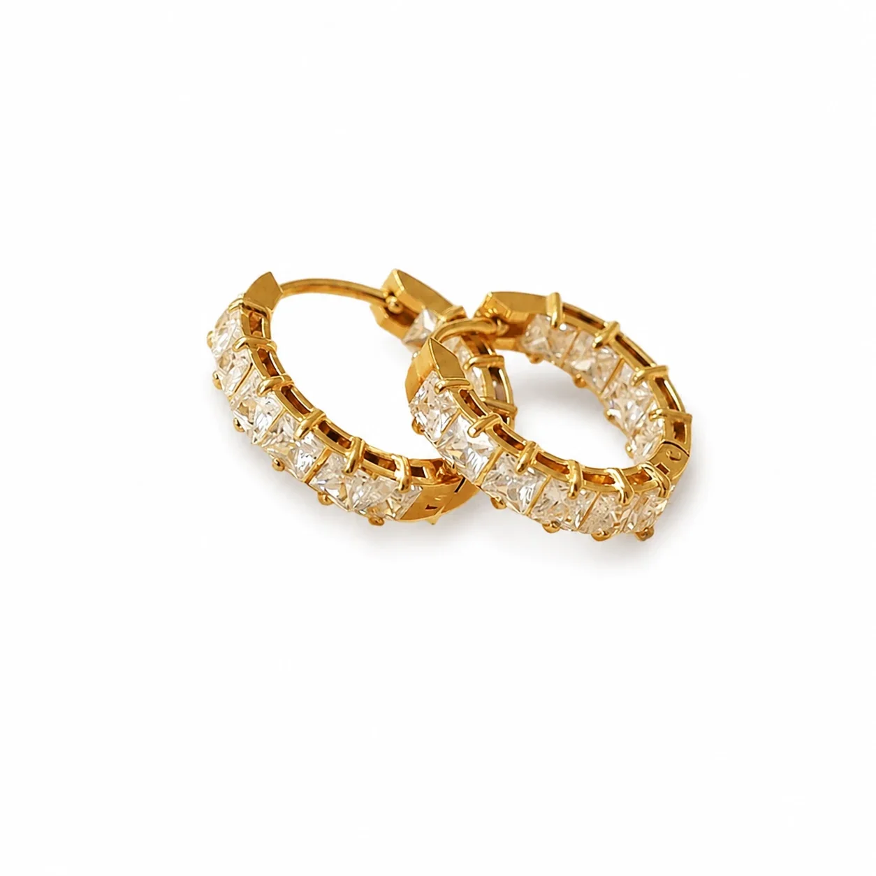 Radiant Gold-Plated Princess-Cut CZ Hoop Earrings