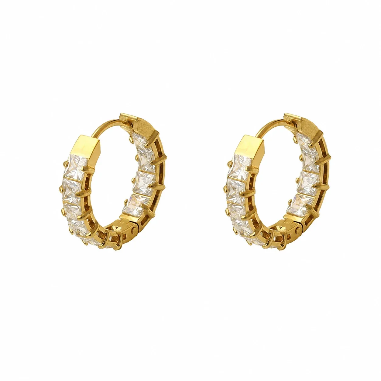 Radiant Gold-Plated Princess-Cut CZ Hoop Earrings