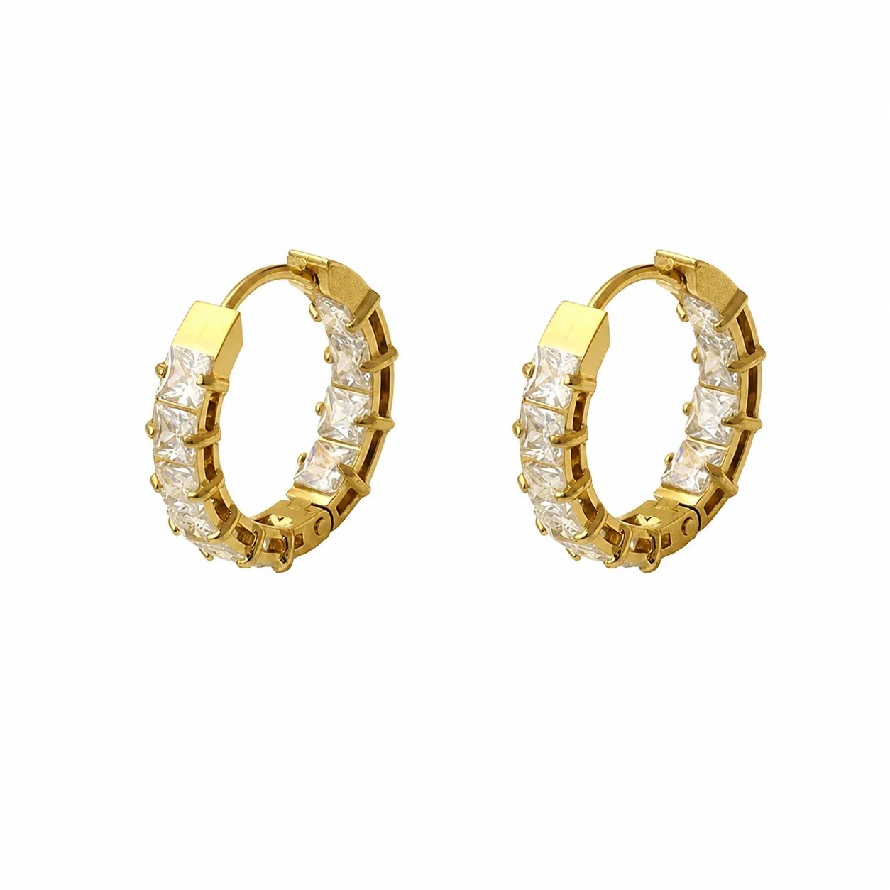 Radiant Gold-Plated Princess-Cut CZ Hoop Earrings - Gold