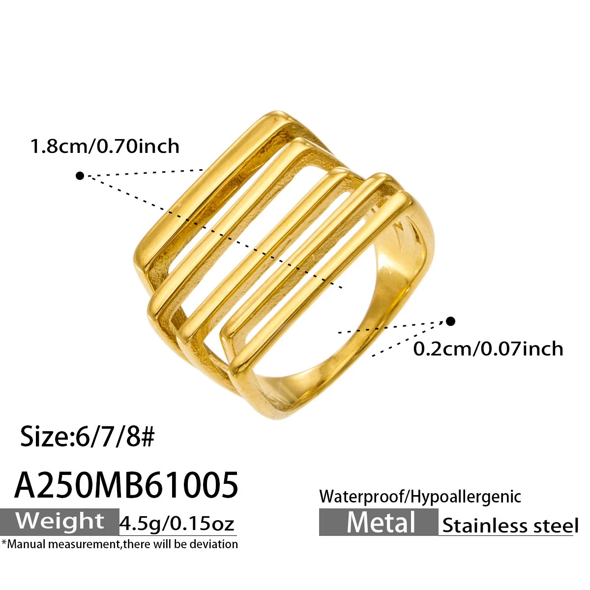 Ring: Brede opengewerkte ring met vijf staven van 18K verguld roestvrij staal productfoto