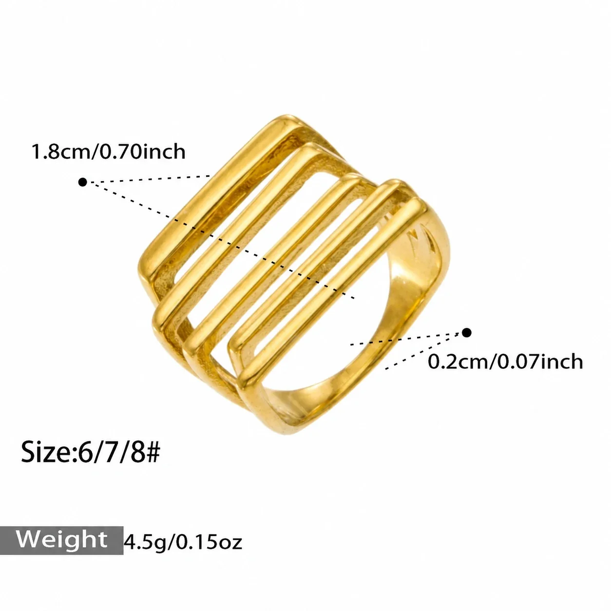 Ring: Brede opengewerkte ring met vijf staven van 18K verguld roestvrij staal productfoto