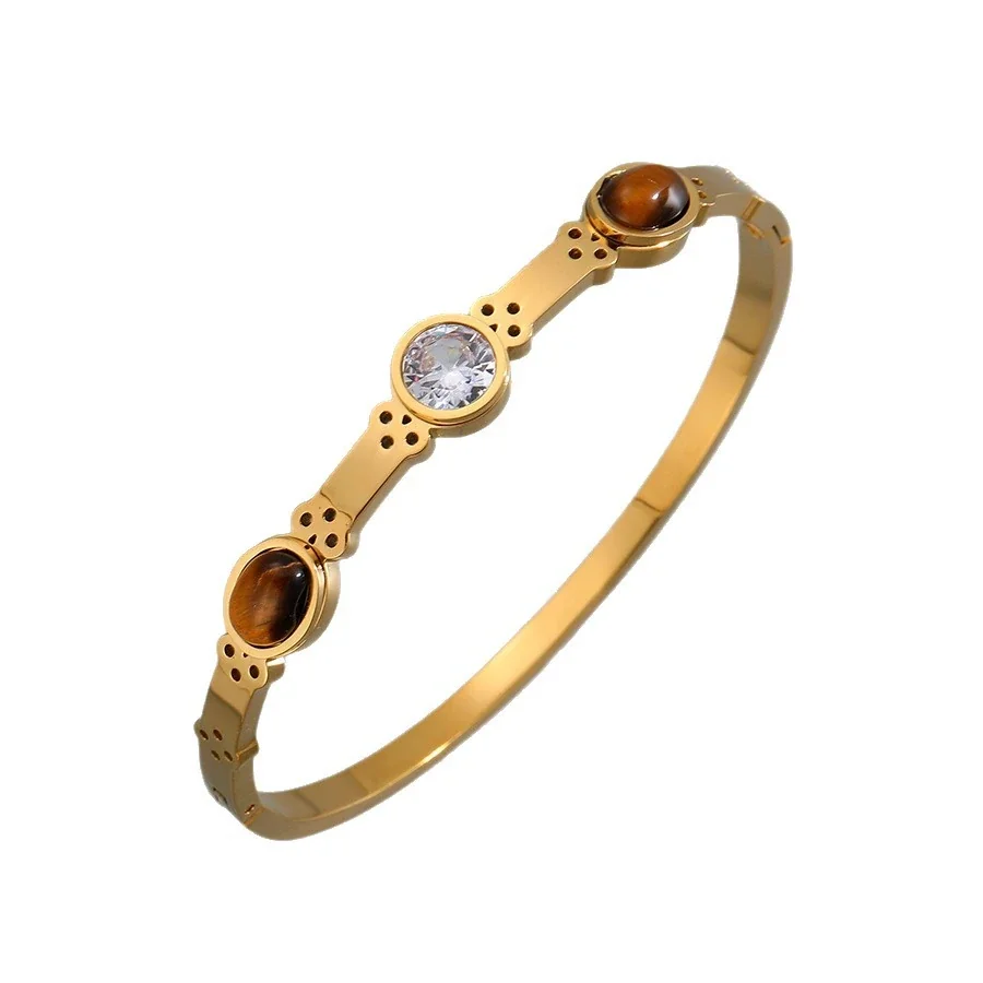 Bangle: Tiger's Eye Oval Stone Hinged Stainless Steel