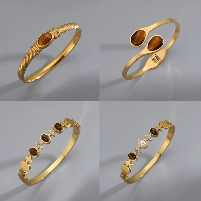 Foto do produto: Bangle: Tiger's Eye Oval Stone Hinged Stainless Steel