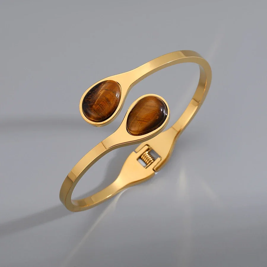Foto do produto: Bangle: Tiger's Eye Oval Stone Hinged Stainless Steel