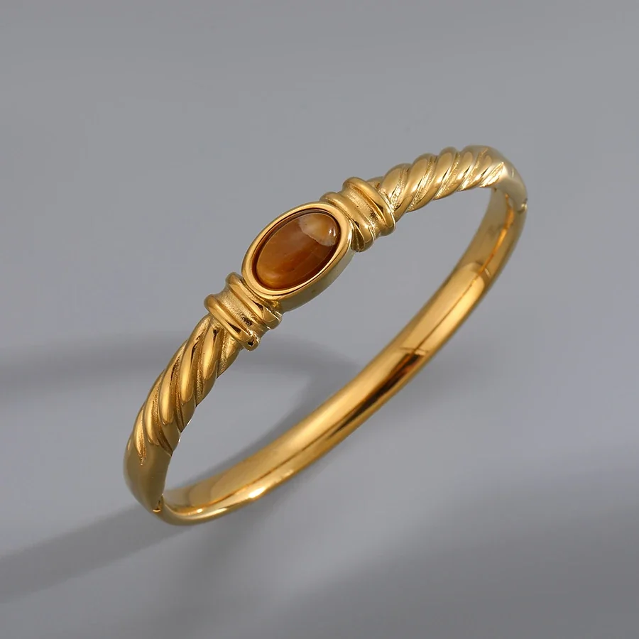 Foto do produto: Bangle: Tiger's Eye Oval Stone Hinged Stainless Steel