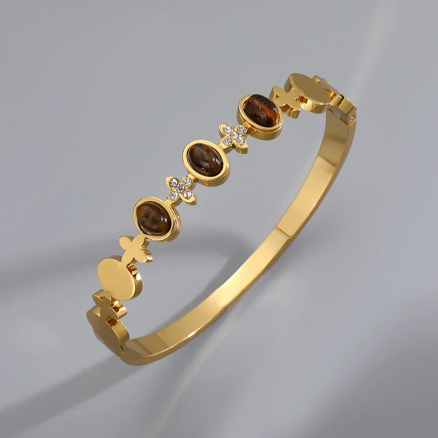 Foto do produto: Bangle: Tiger's Eye Oval Stone Hinged Stainless Steel