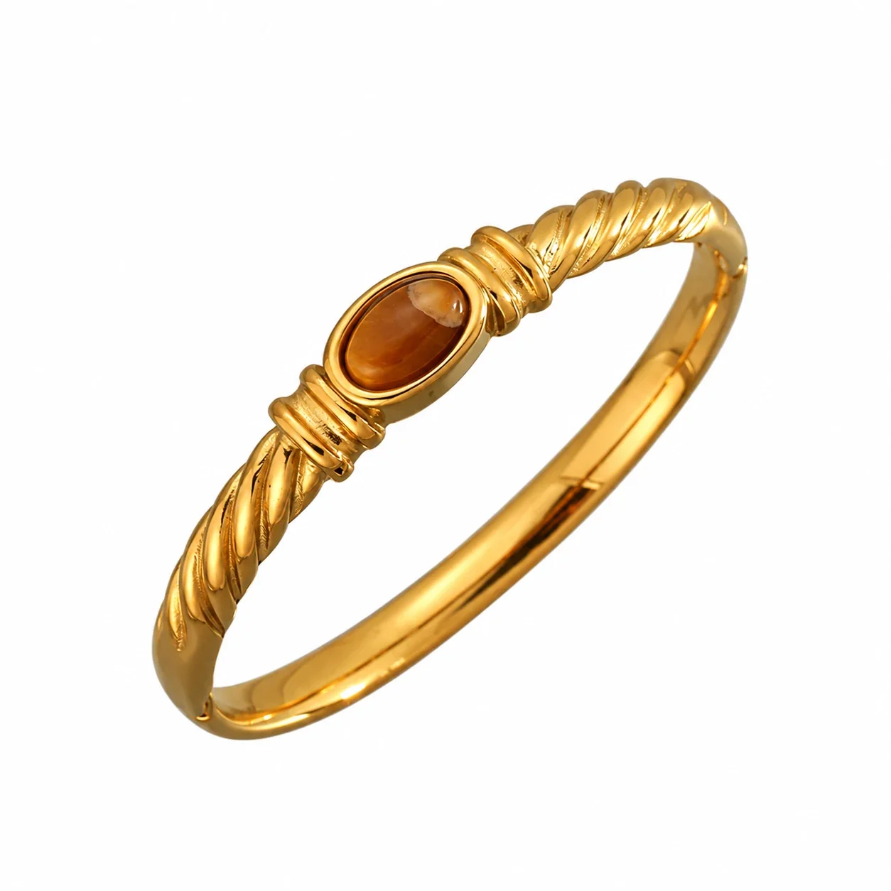 Foto do produto: Bangle: Tiger's Eye Oval Stone Hinged Stainless Steel