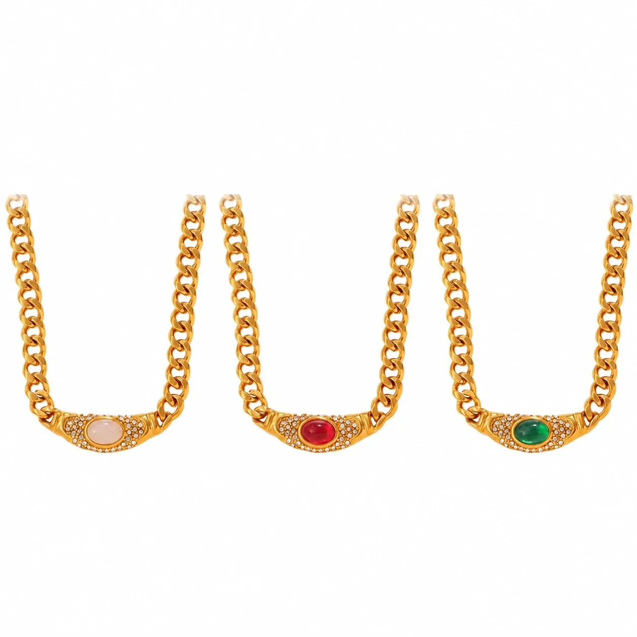 Curb Chain Necklace with Oval Cat's-Eye, Stainless Steel