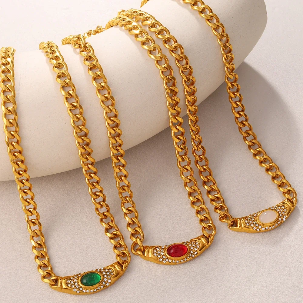 Curb Chain Necklace with Oval Cat's-Eye, Stainless Steel