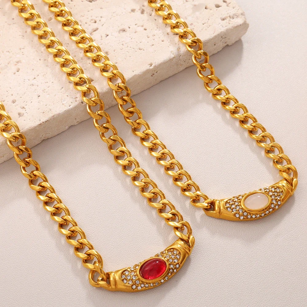Curb Chain Necklace with Oval Cat's-Eye, Stainless Steel