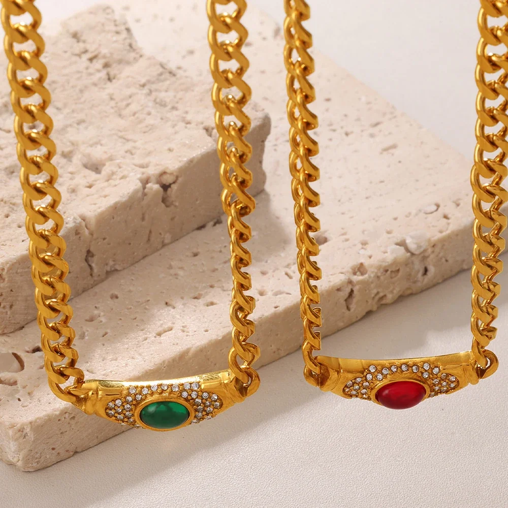 Curb Chain Necklace with Oval Cat's-Eye, Stainless Steel