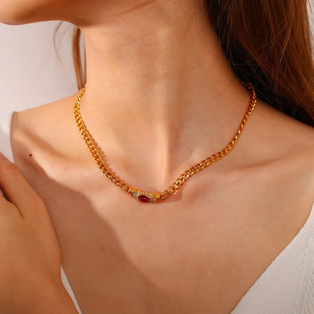 Curb Chain Necklace with Oval Cat's-Eye, Stainless Steel
