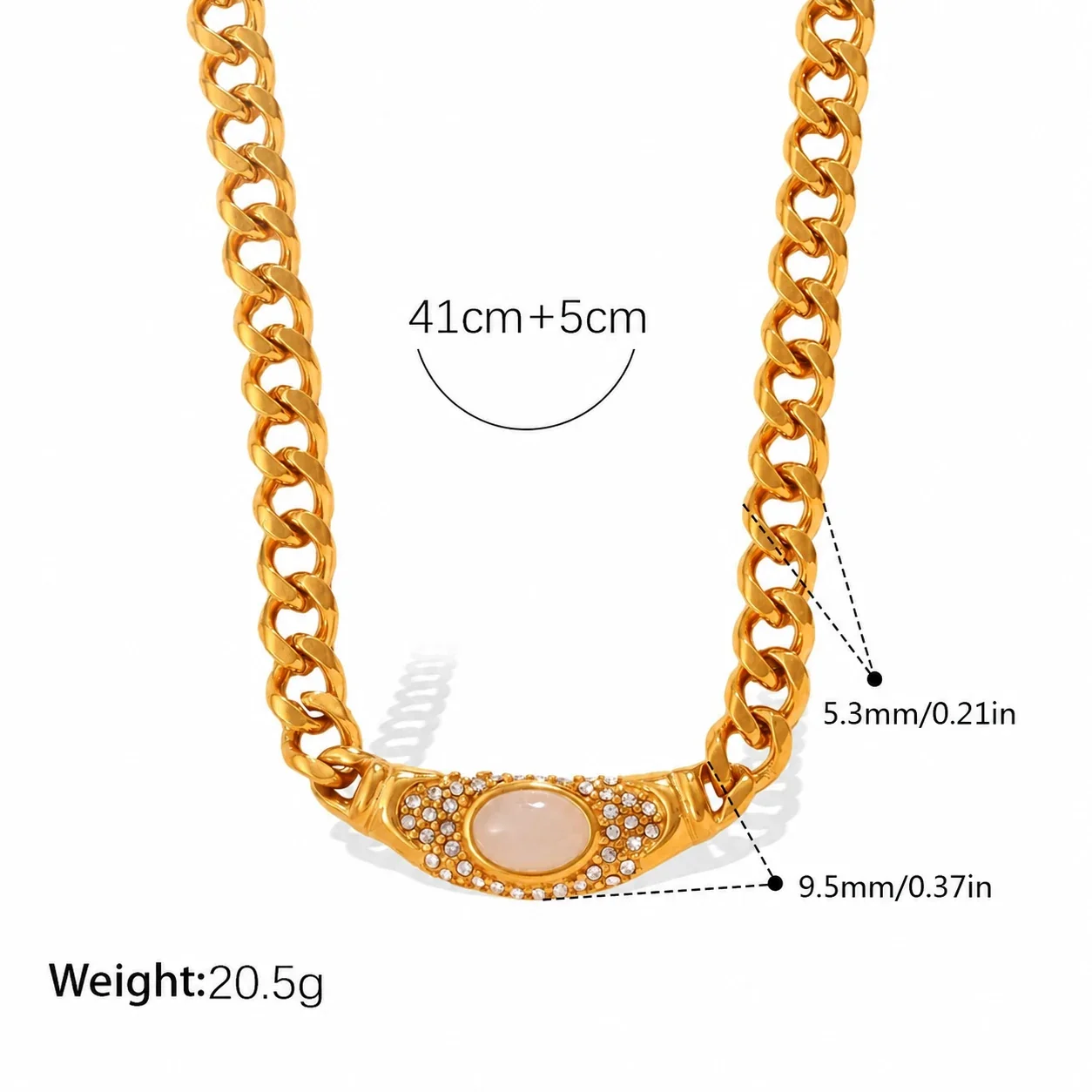 Curb Chain Necklace with Oval Cat's-Eye, Stainless Steel - White Cat's-Eye