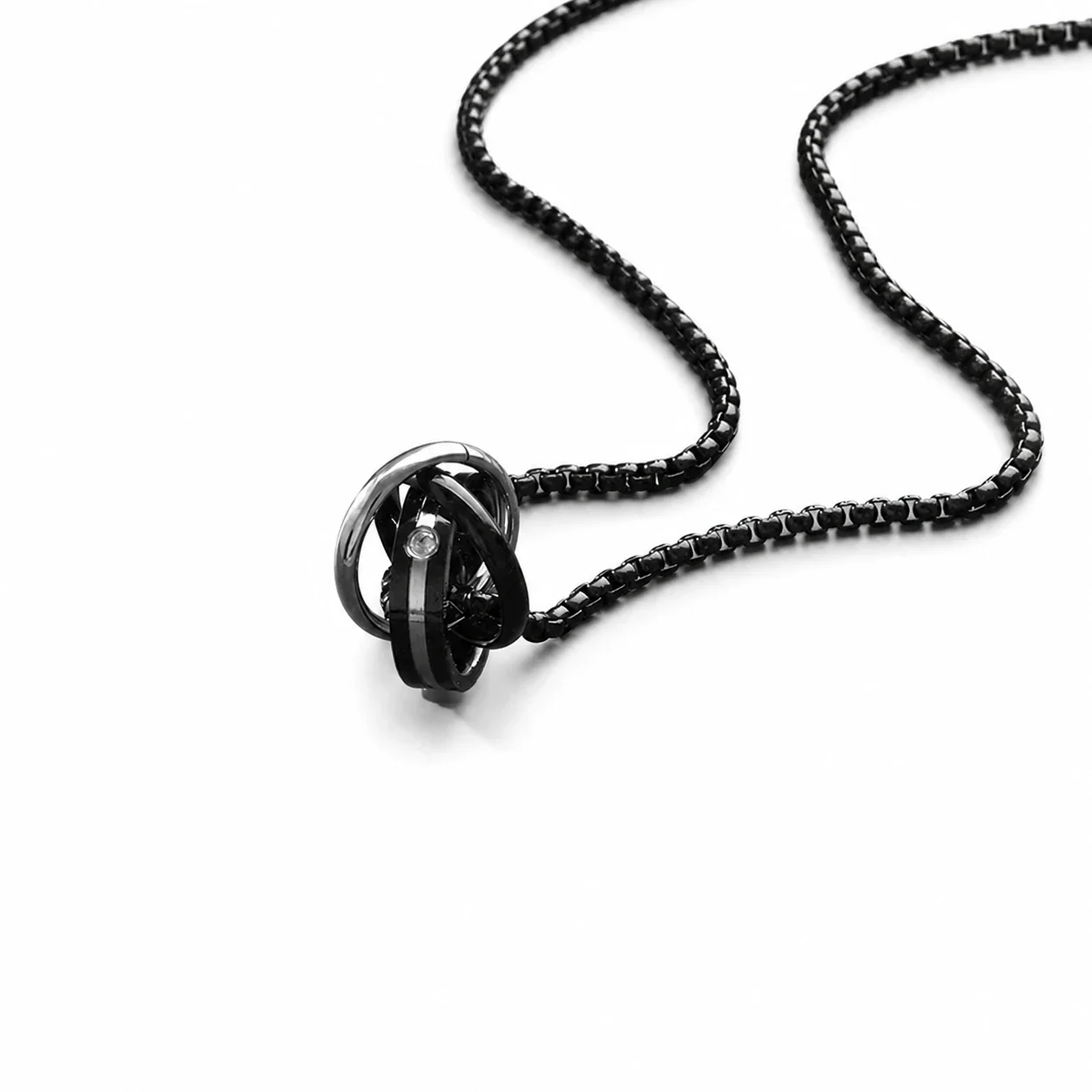 Black-Tone Stainless Steel Triple Ring Box Chain Necklace