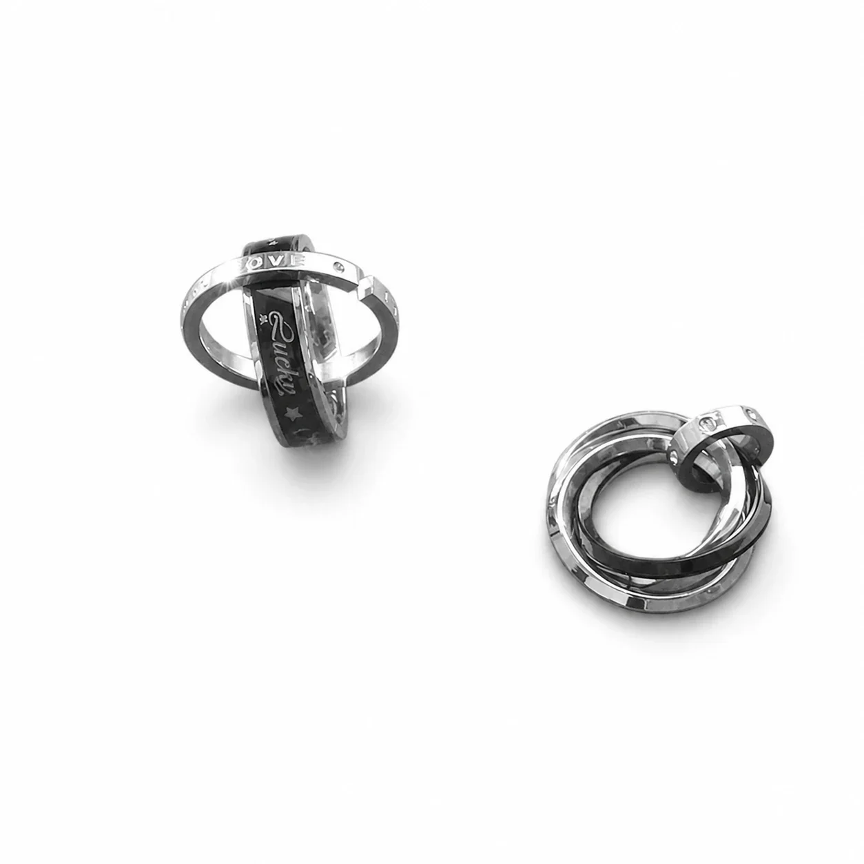 Black-Tone Stainless Steel Triple Ring Box Chain Necklace