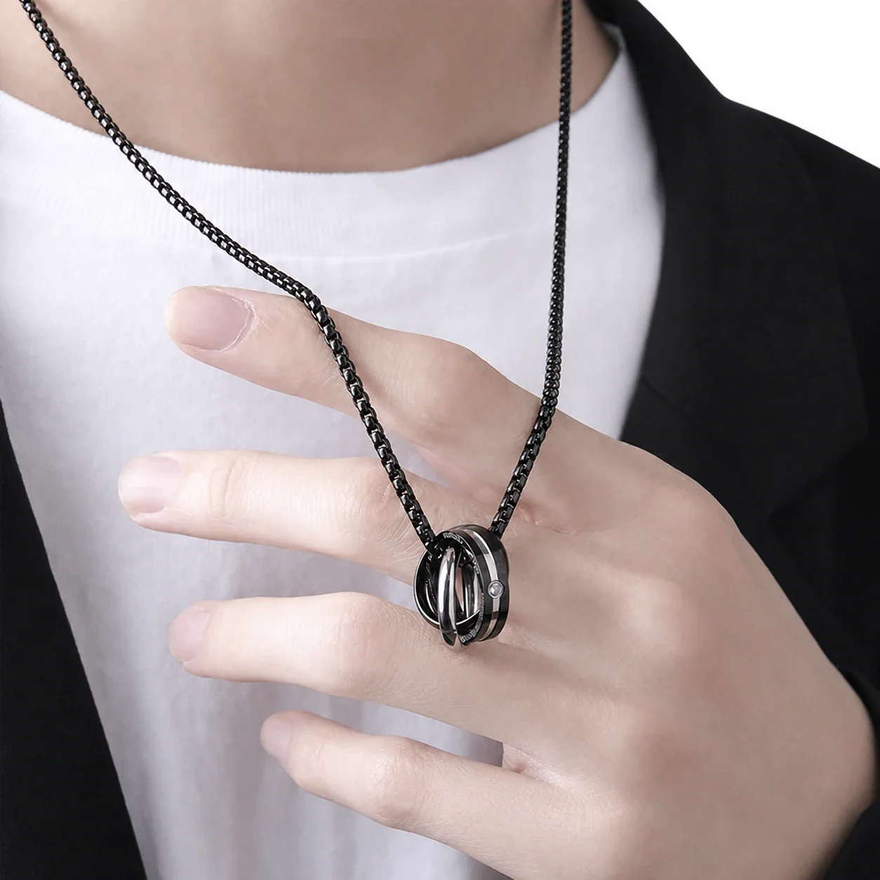 Black-Tone Stainless Steel Triple Ring Box Chain Necklace - Black Triple with cm Round Bead