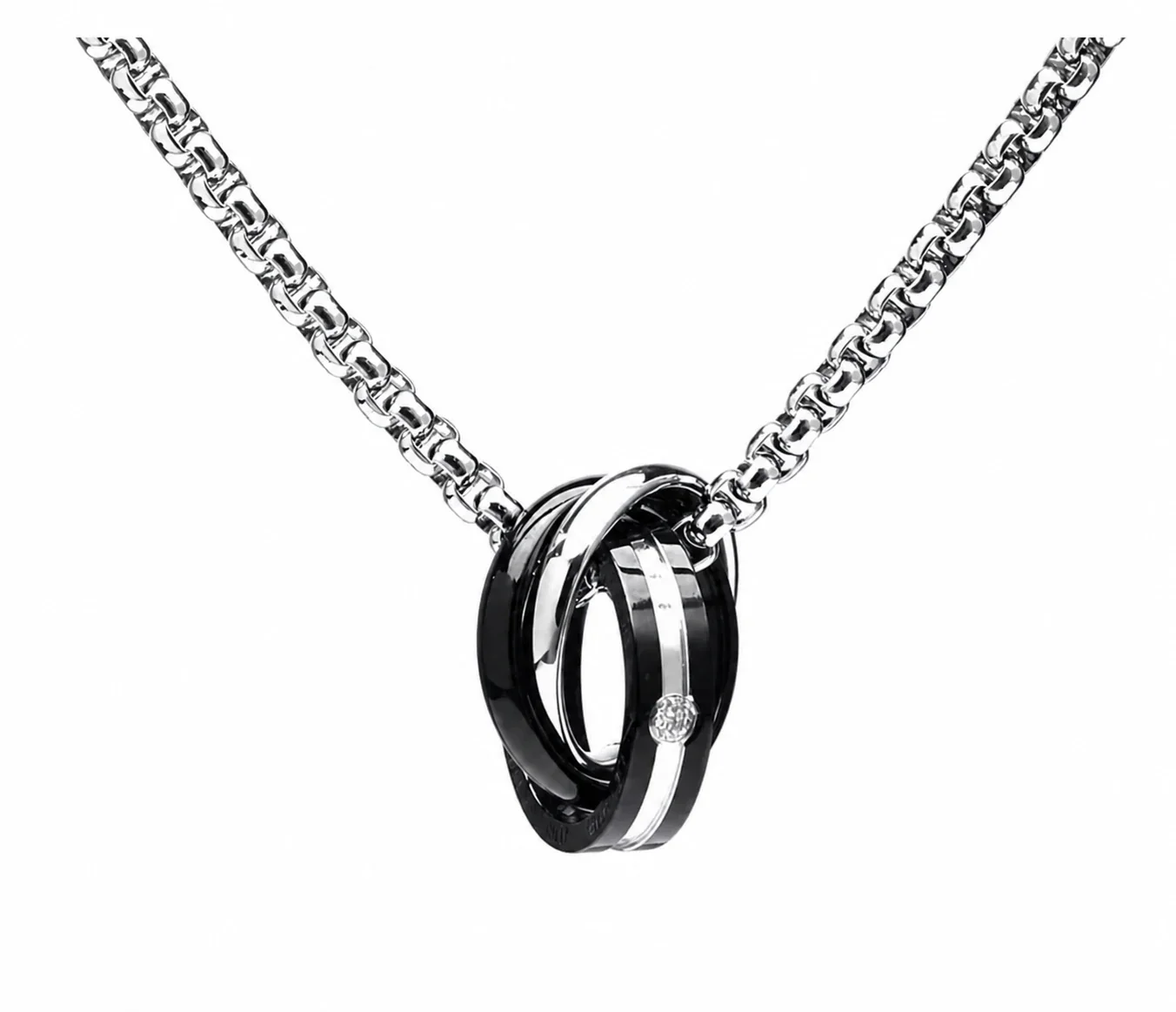 Black-Tone Stainless Steel Triple Ring Box Chain Necklace - Silver Triple with cm Round Bead