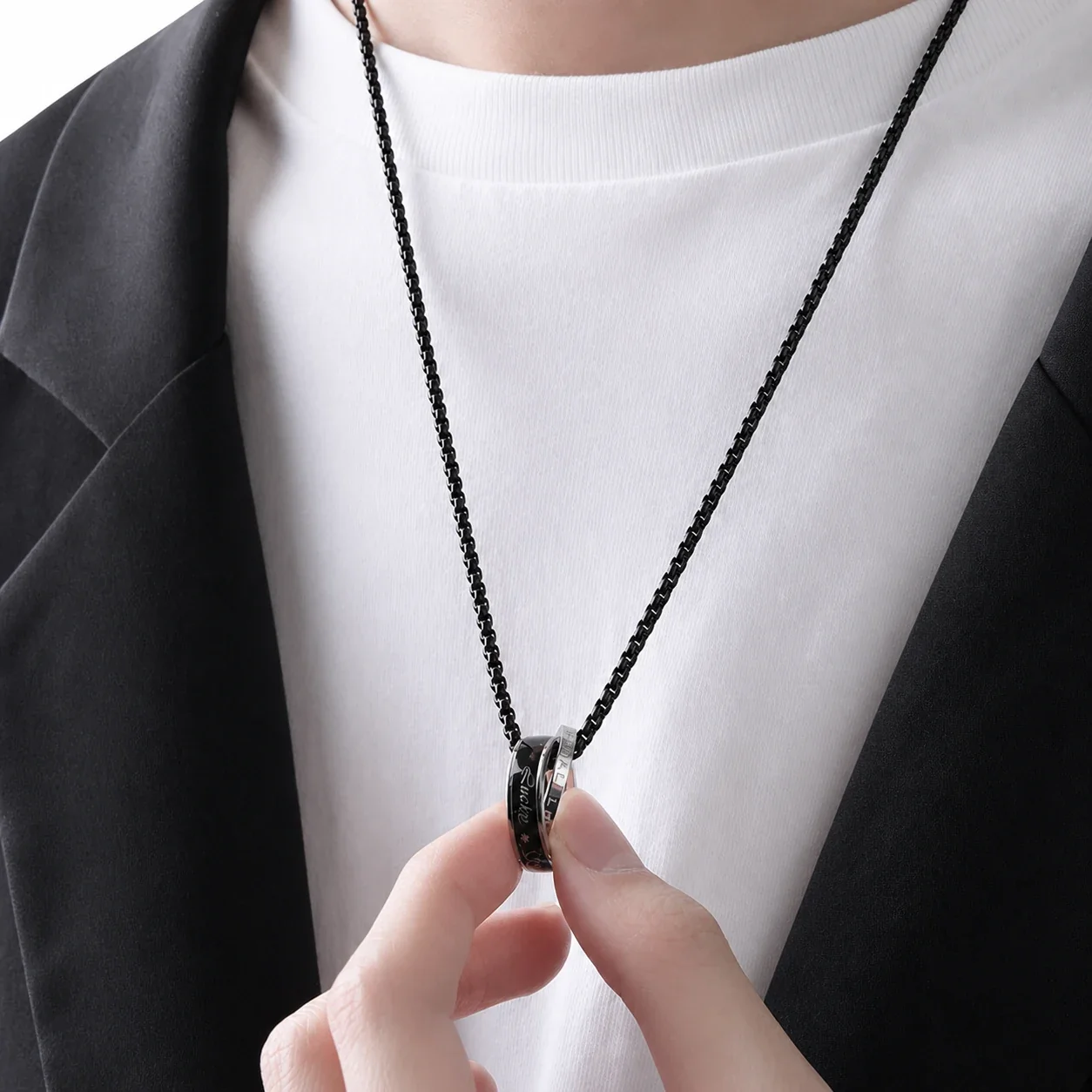 Black-Tone Stainless Steel Triple Ring Box Chain Necklace - Black Double with cm Round Bead