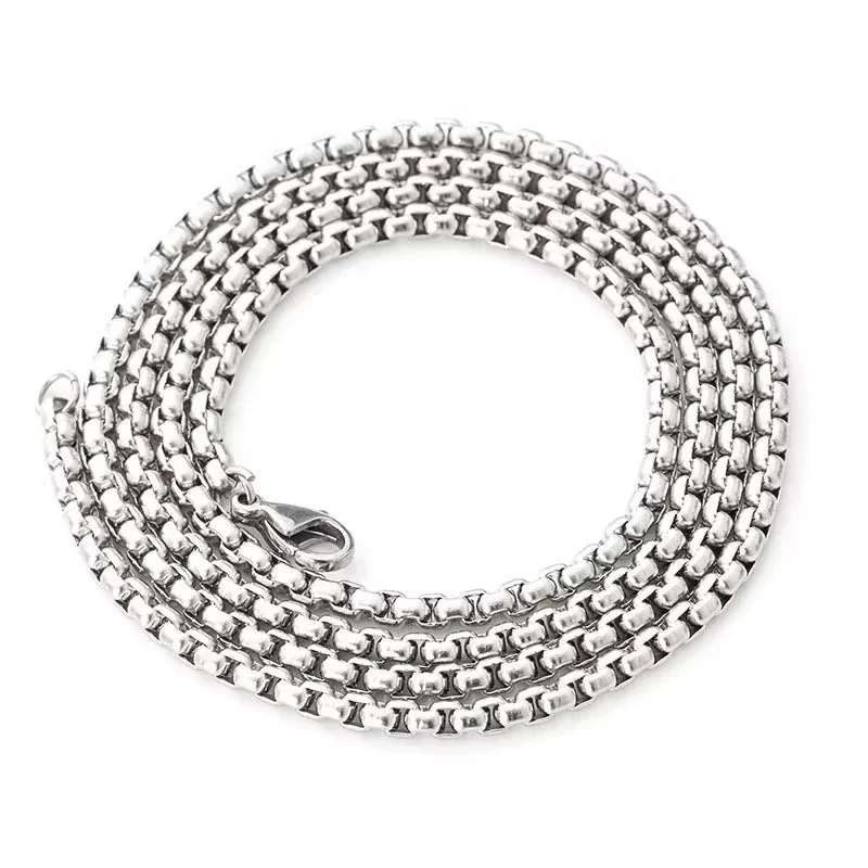 Black-Tone Stainless Steel Triple Ring Box Chain Necklace - Silver Double with cm Round Bead