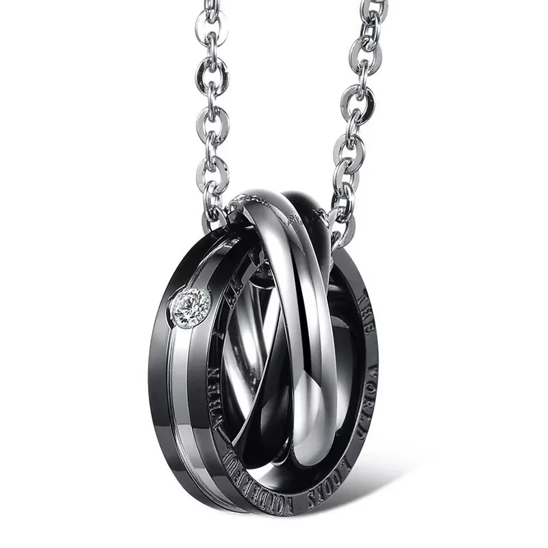 Black-Tone Stainless Steel Triple Ring Box Chain Necklace - Triple Only