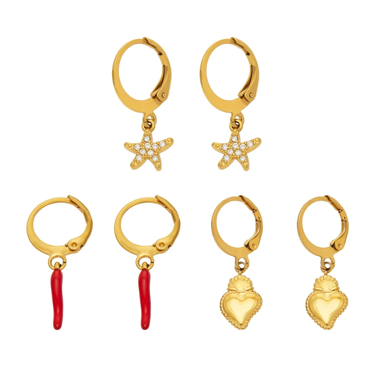 Brincos de Argola Estrela-do-Mar com Cristais, Aço Inoxidável 316 com PVD Dourado