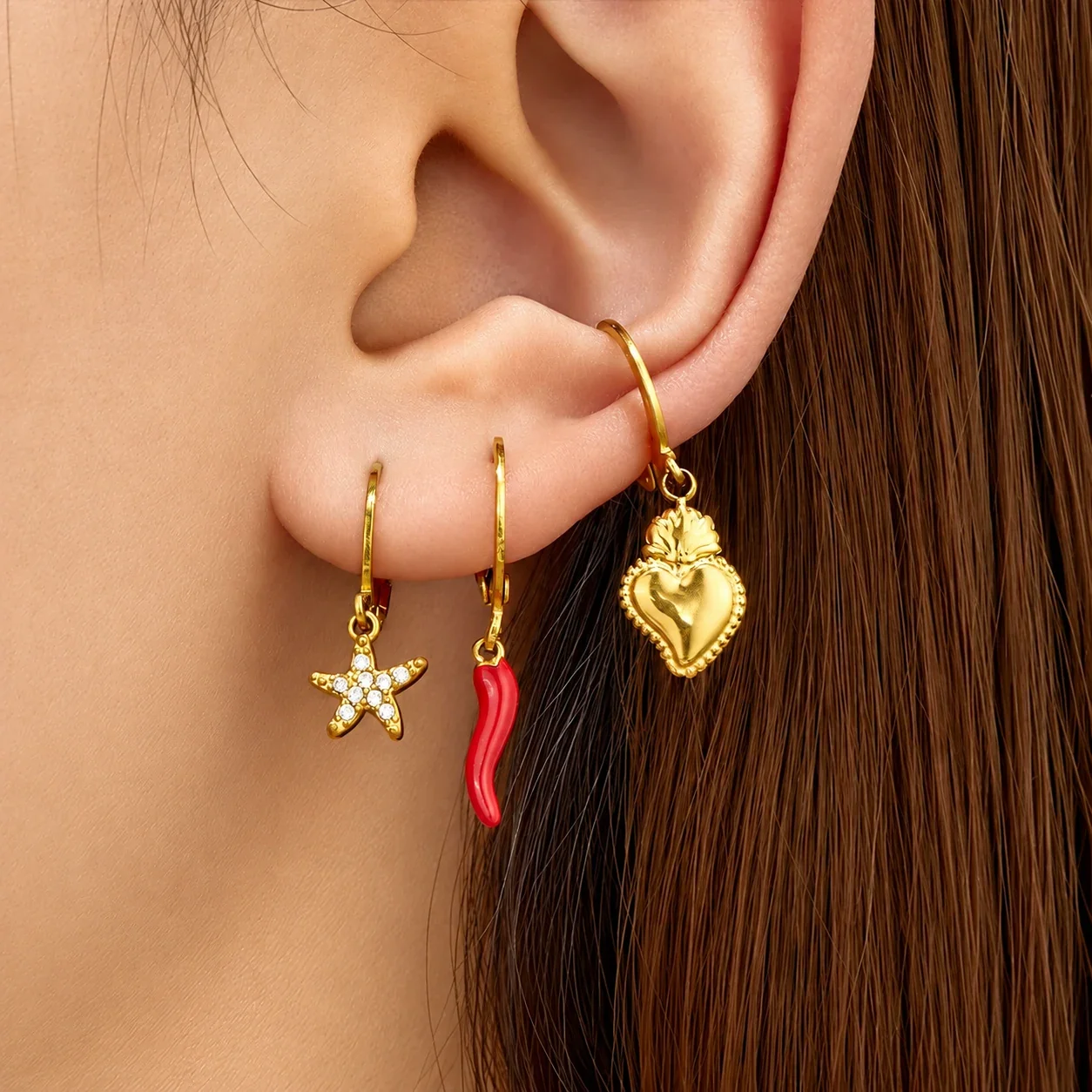 Starfish Hoop Earrings with Crystals, 316 Stainless Steel Gold PVD