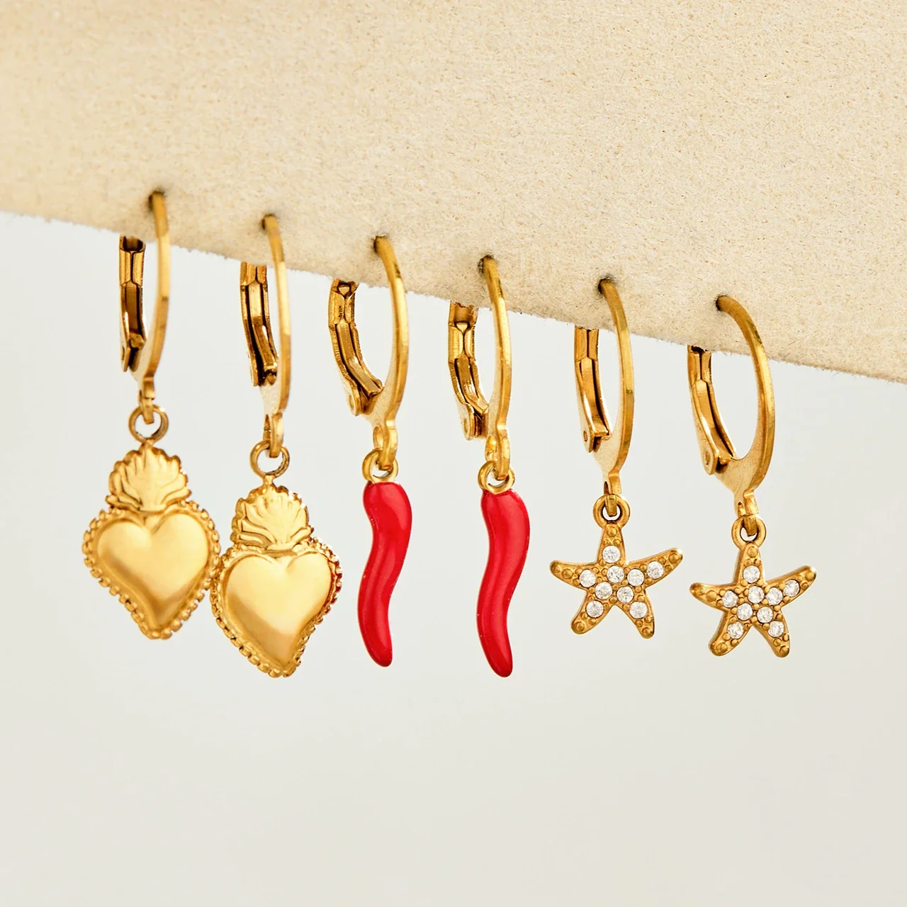 Starfish Hoop Earrings with Crystals, 316 Stainless Steel Gold PVD