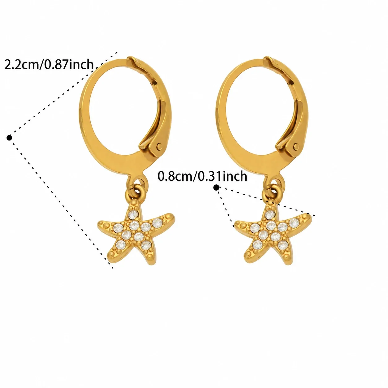 Starfish Hoop Earrings with Crystals, 316 Stainless Steel Gold PVD - Gold Starfish Crystal