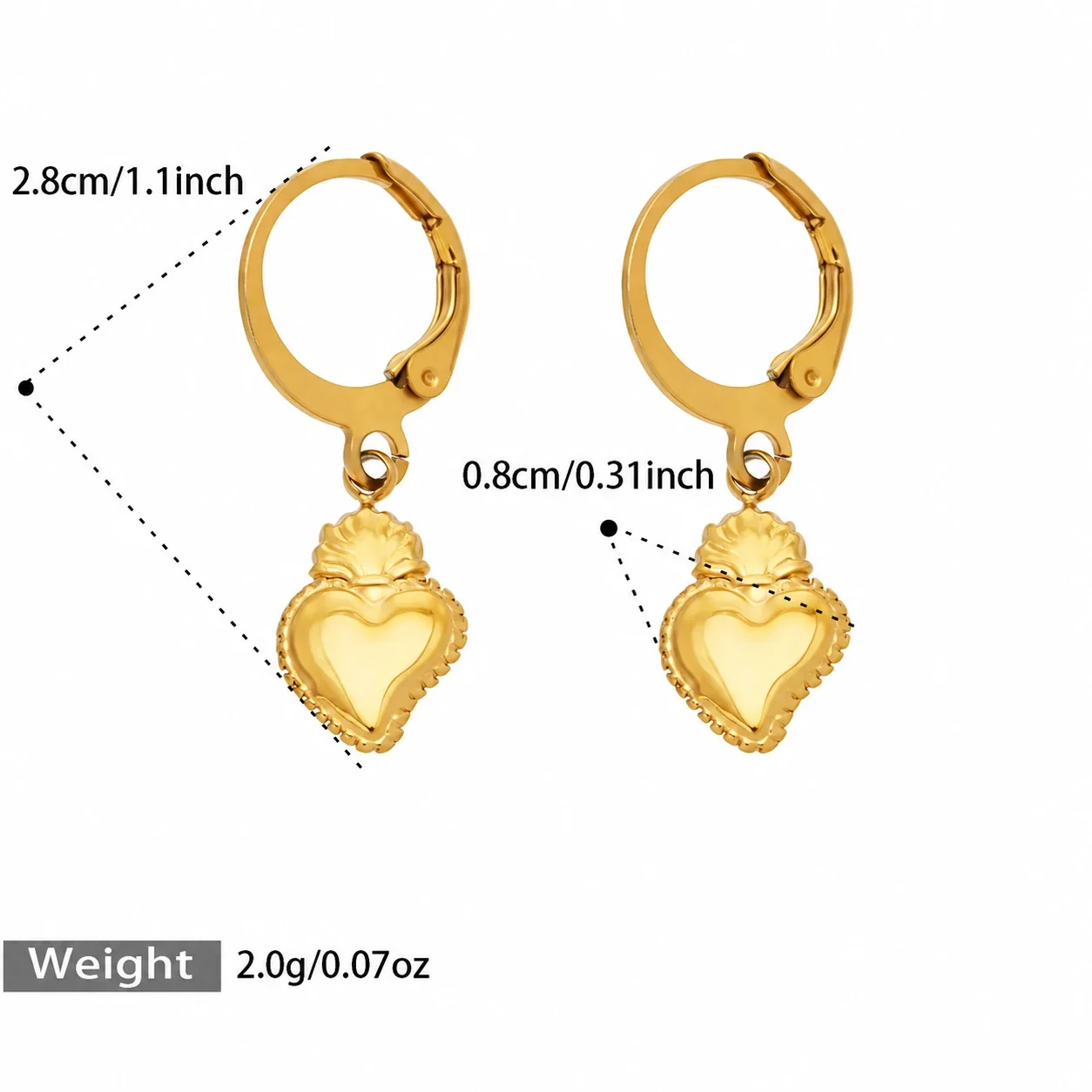 Starfish Hoop Earrings with Crystals, 316 Stainless Steel Gold PVD - Gold Heart Charm