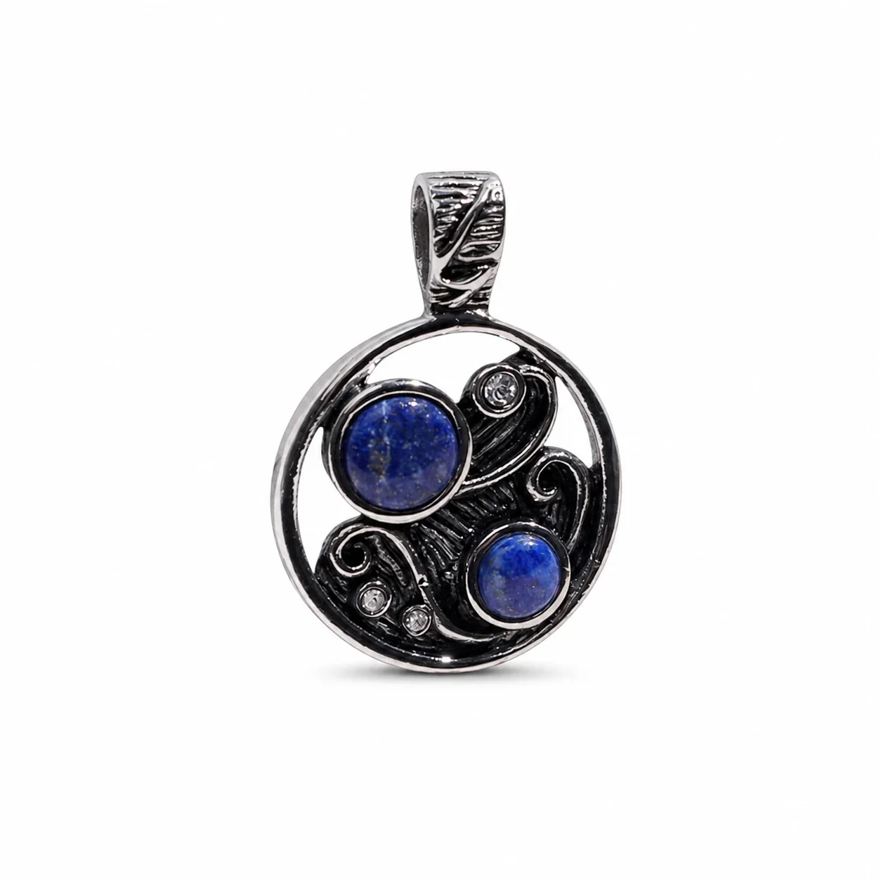 Ornate 316 Stainless Steel Blue Cabochon Pendant