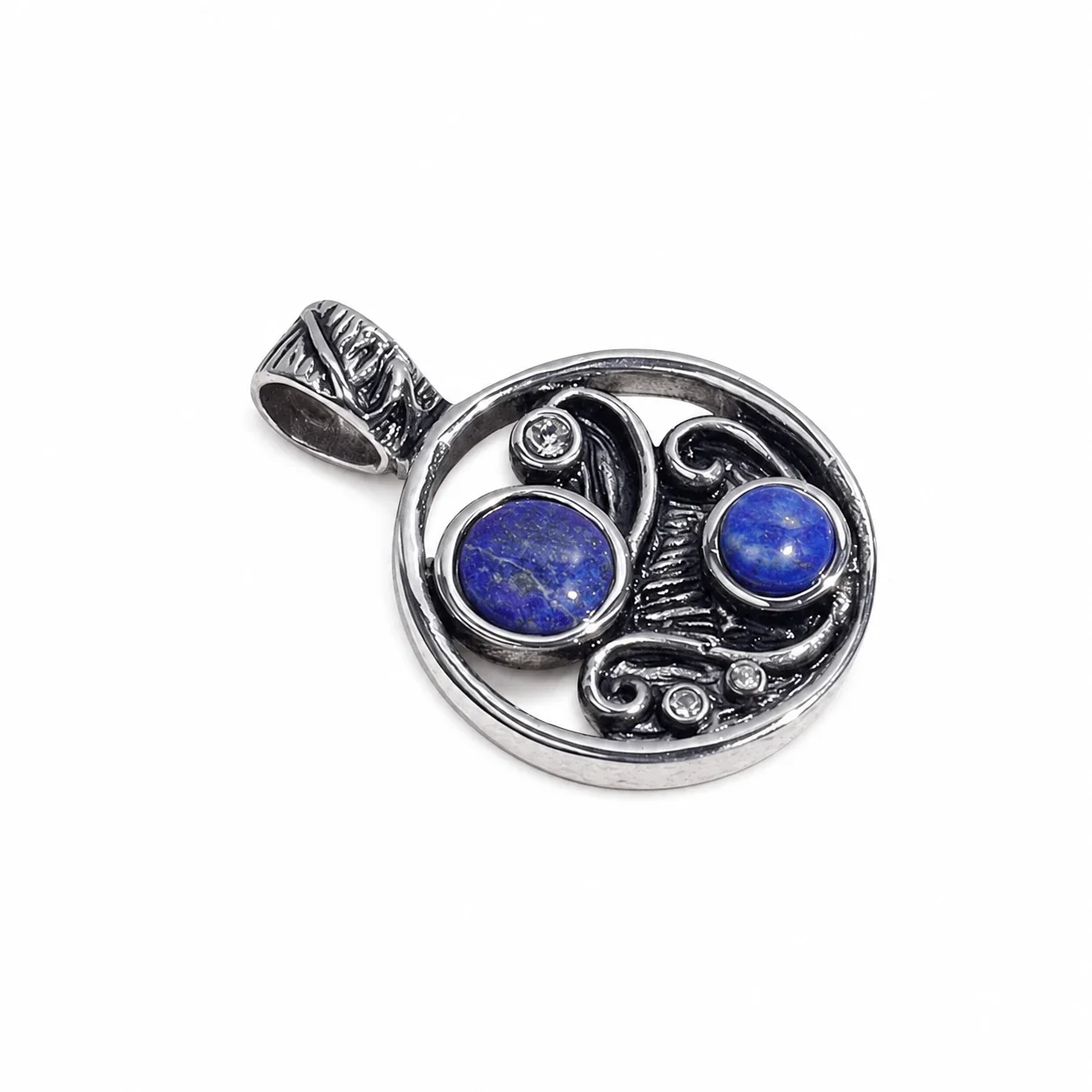 Ornate 316 Stainless Steel Blue Cabochon Pendant
