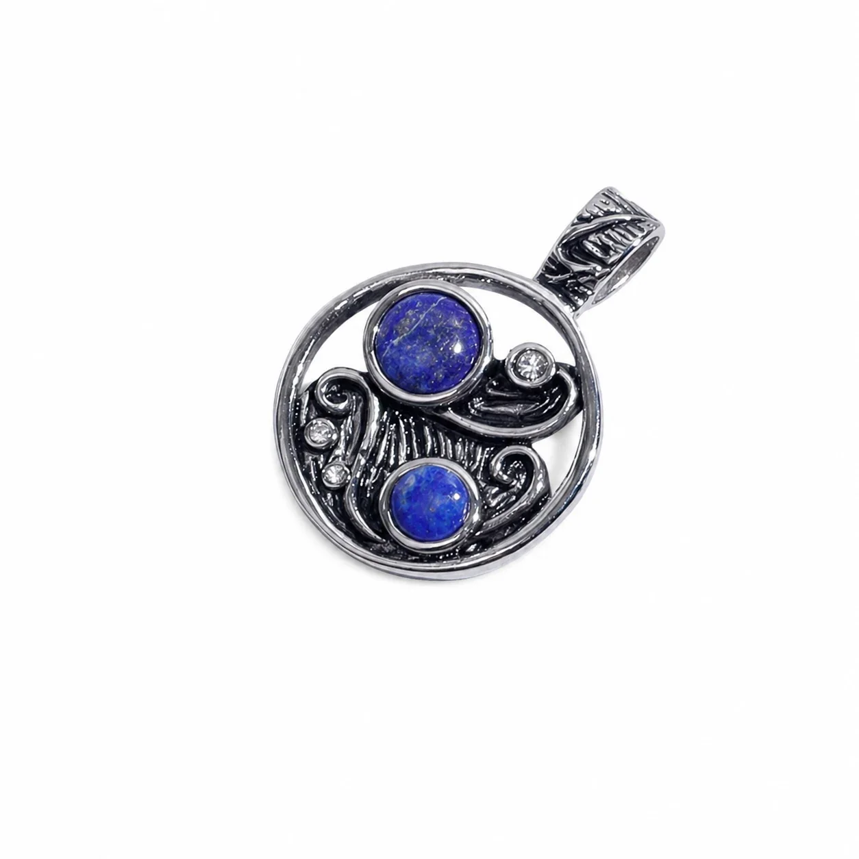 Ornate 316 Stainless Steel Blue Cabochon Pendant