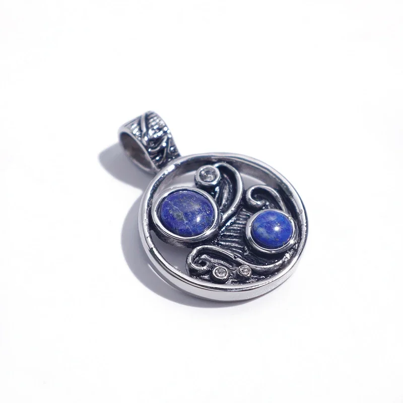 Ornate 316 Stainless Steel Blue Cabochon Pendant