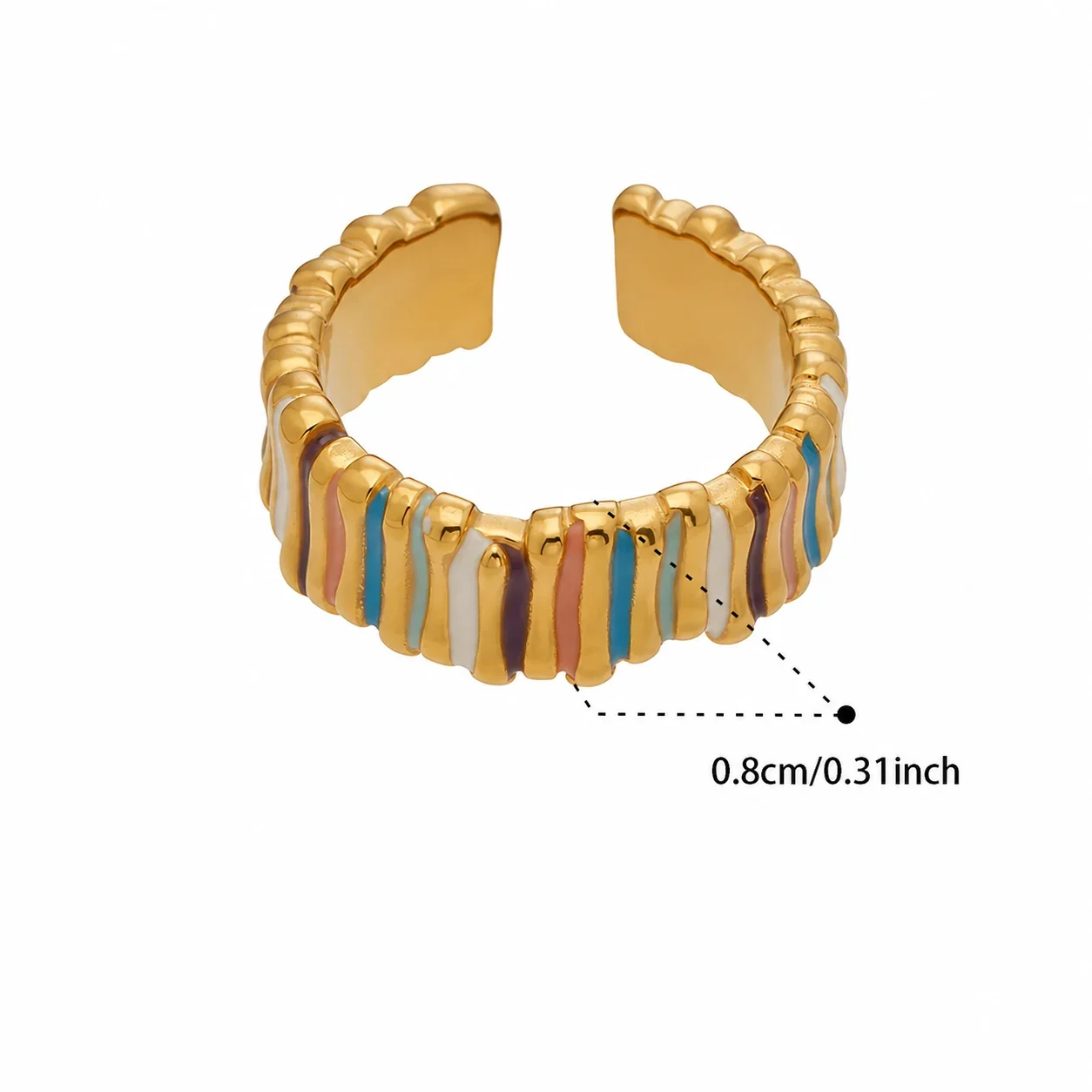 Colorful 18K Gold-Plated 316 Stainless Steel Enamel Ring - Gold Multicolor Ribbed Enamel