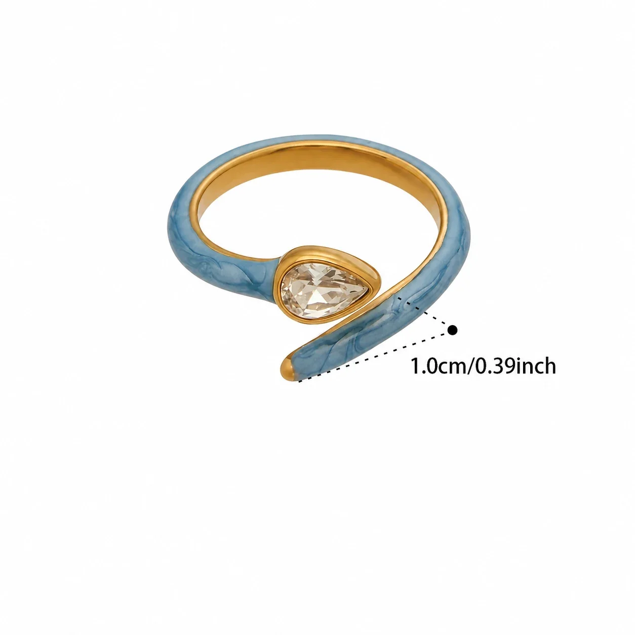 Colorful 18K Gold-Plated 316 Stainless Steel Enamel Ring - Gold Blue Enamel Pear Crystal